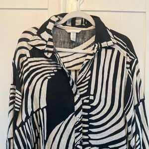 H & M black white bold print linen midi shirt dress M EUC